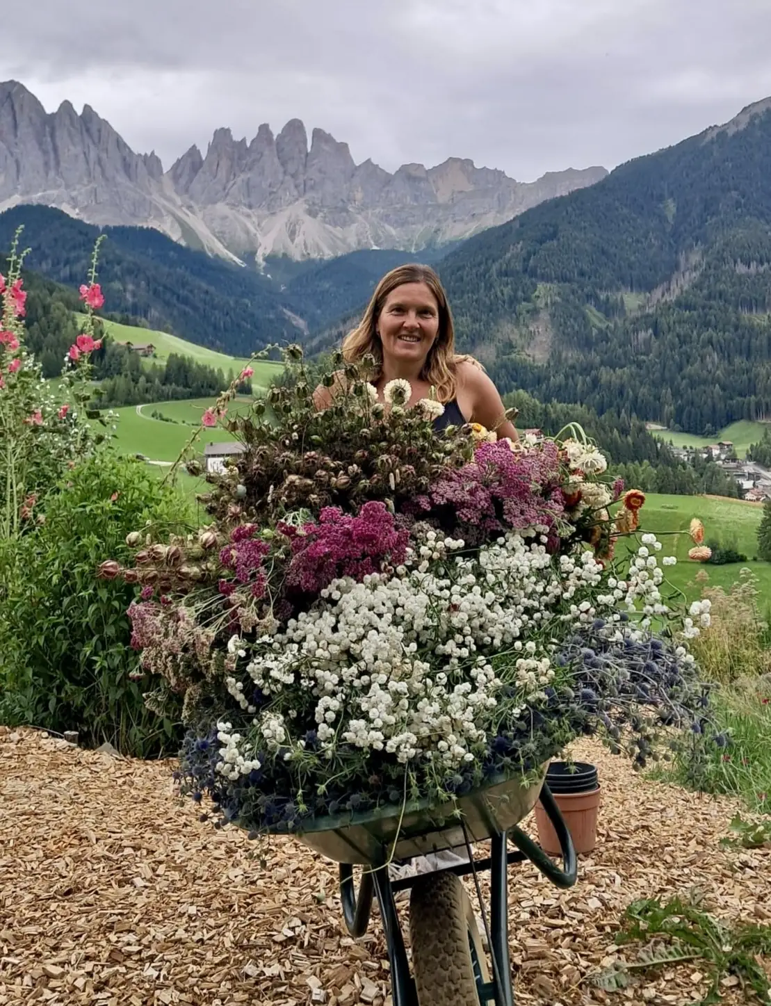 Verena mit großem Strauß aus Wiesenblumen und Edeldisteln vor den Geislerspitzen